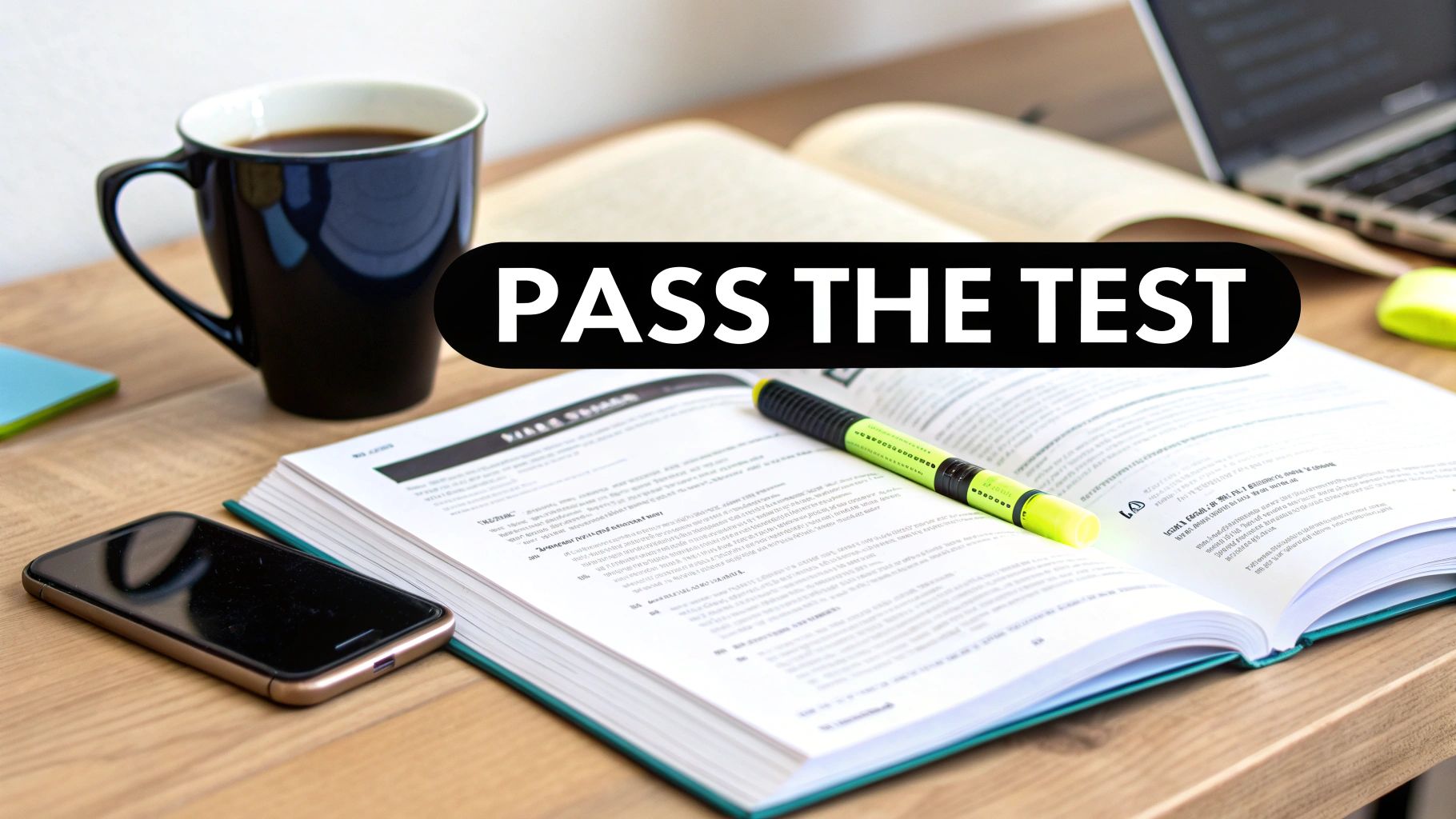A study desk with an open book, coffee mug, phone, and 'PASS THE TEST' banner.