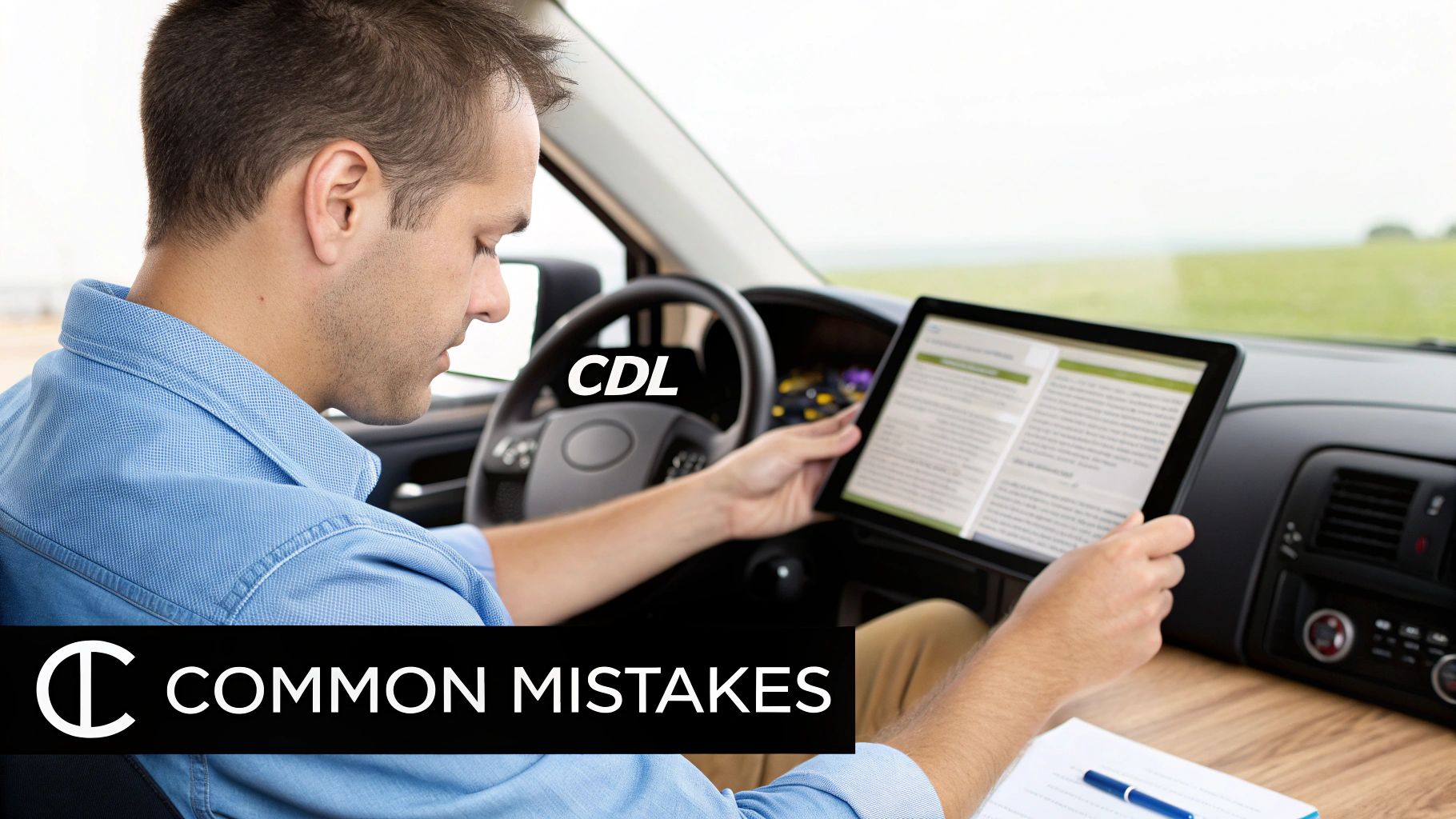 A man in a blue shirt studies a CDL practice test on a tablet while sitting in a car.