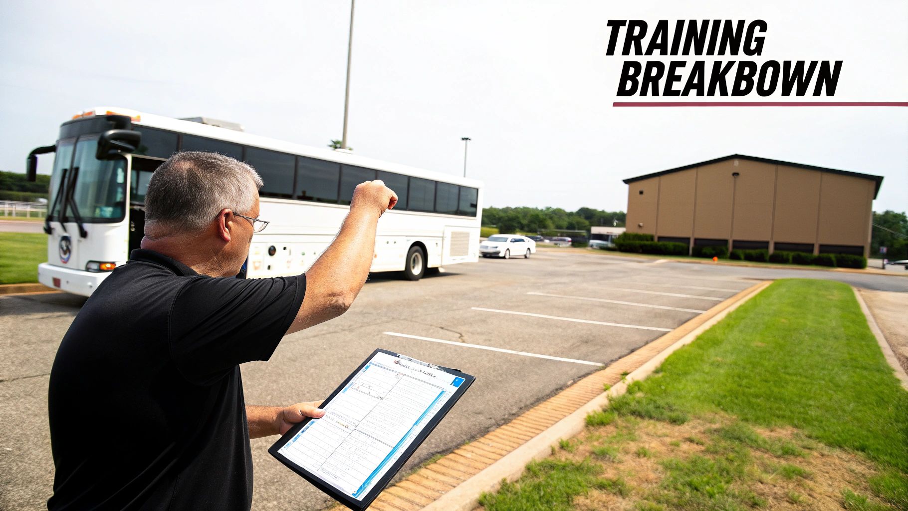 Instructor guides a white passenger bus in a parking lot during training, holding a clipboard.