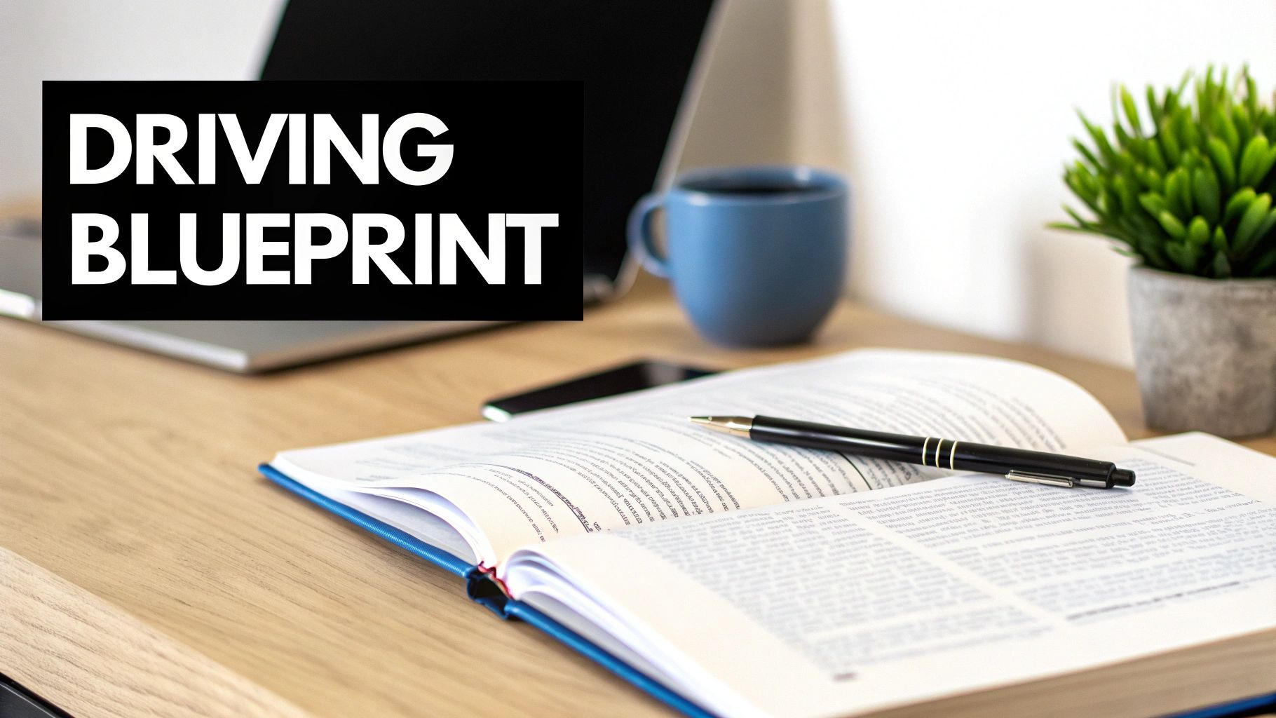 A desk with an open book, pen, laptop, coffee mug, and plant, featuring a 'DRIVING BLUEPRINT' text.