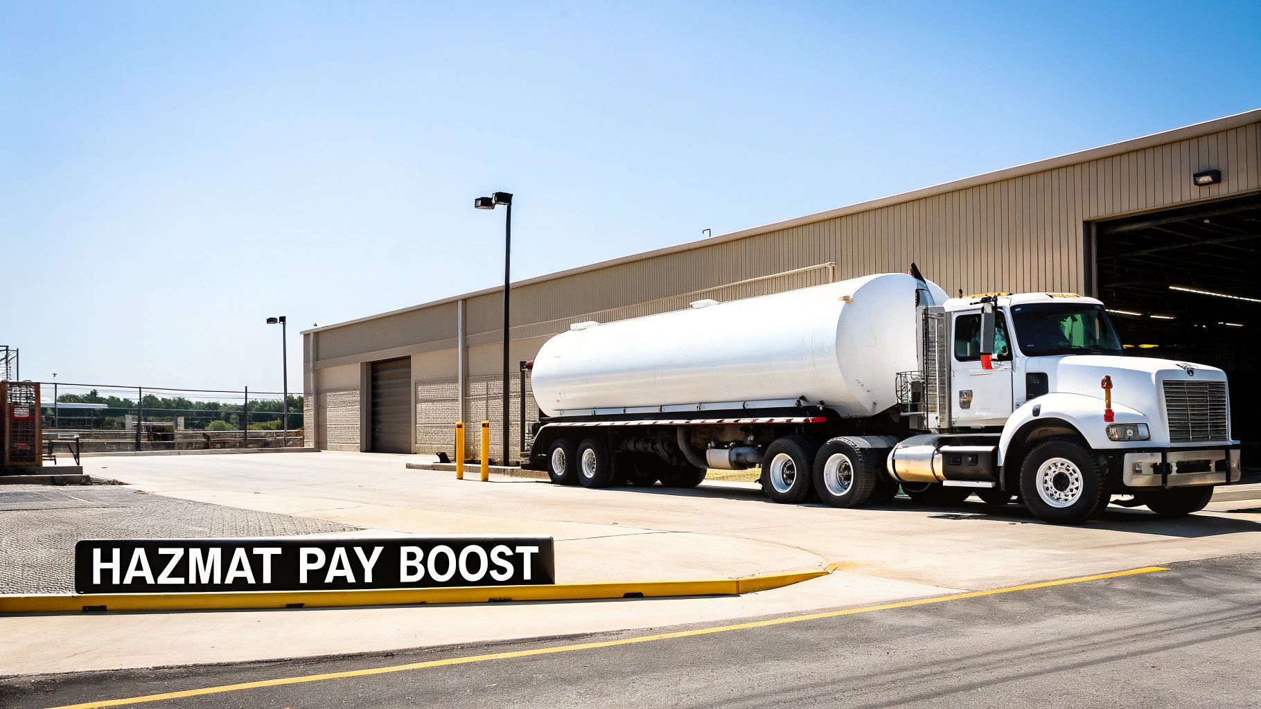 A white tanker truck parked in front of an industrial building, with a "HAZMAT PAY BOOST" sign.