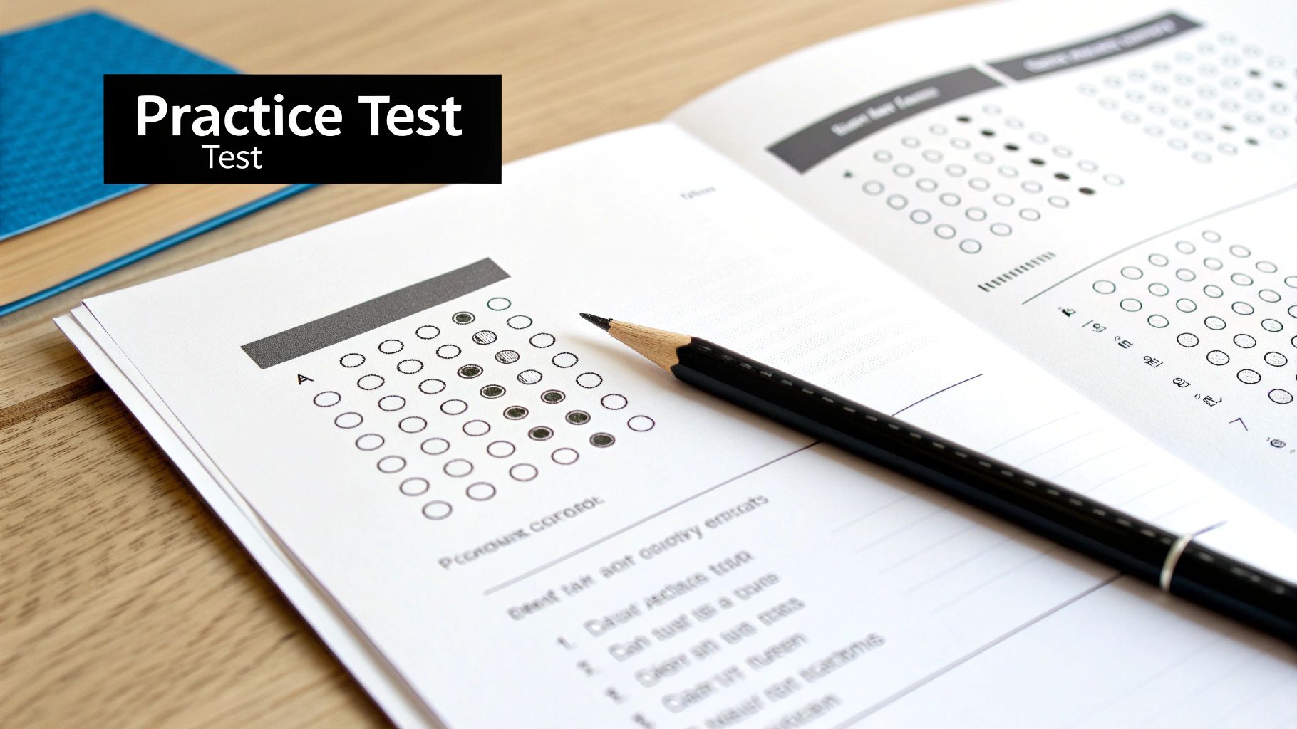 A pencil rests on an open practice test booklet with multiple-choice bubbles, some filled in.