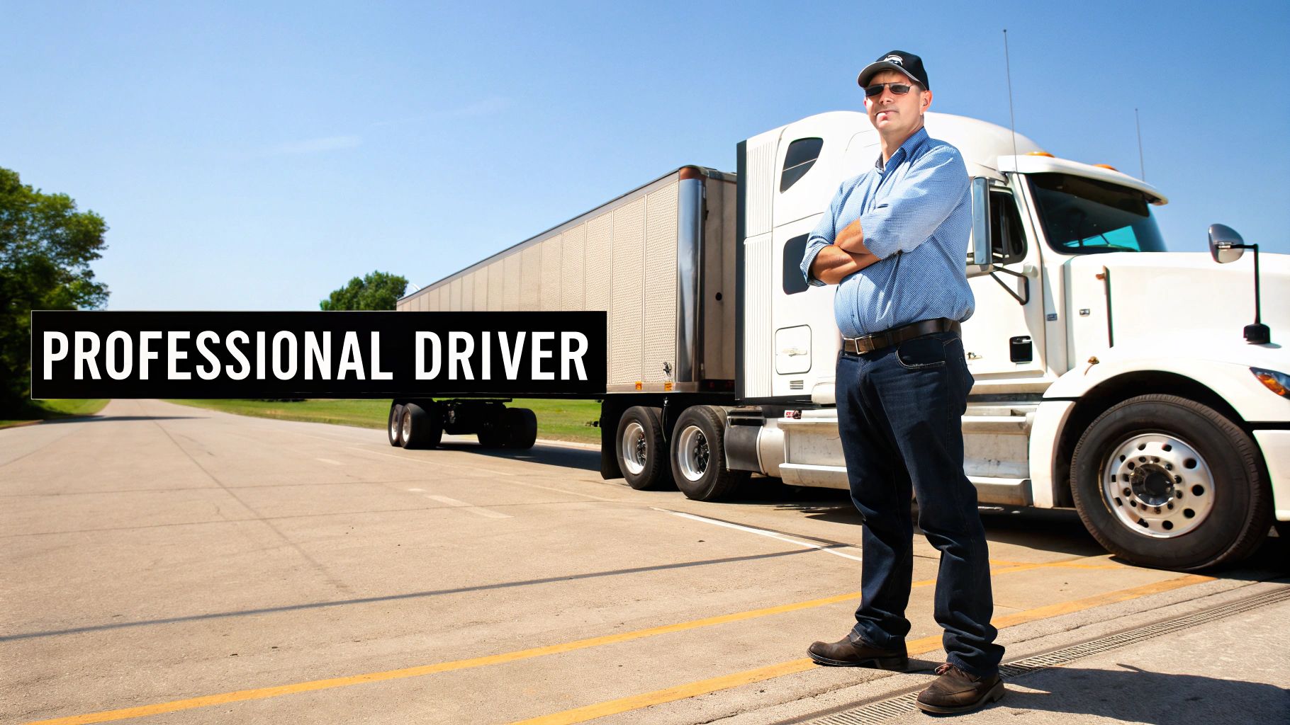 A professional truck driver stands confidently with crossed arms in front of a large white semi-truck on a sunny day.