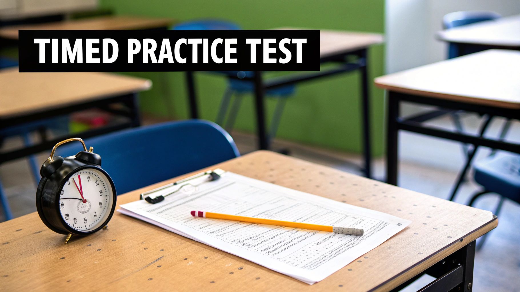 A classroom desk with an alarm clock, test paper, and pencil for a timed practice test.