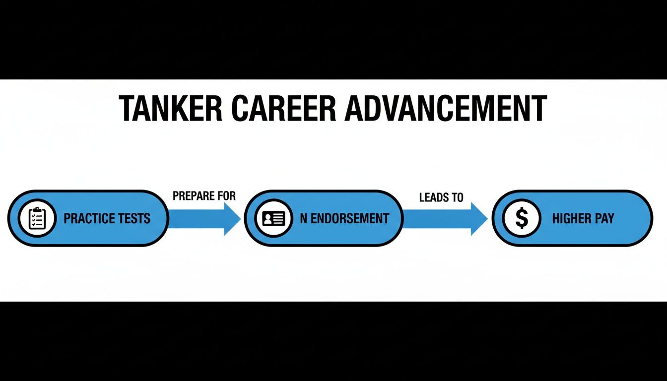 Flowchart illustrating tanker career advancement through practice tests, N endorsement, and higher pay.