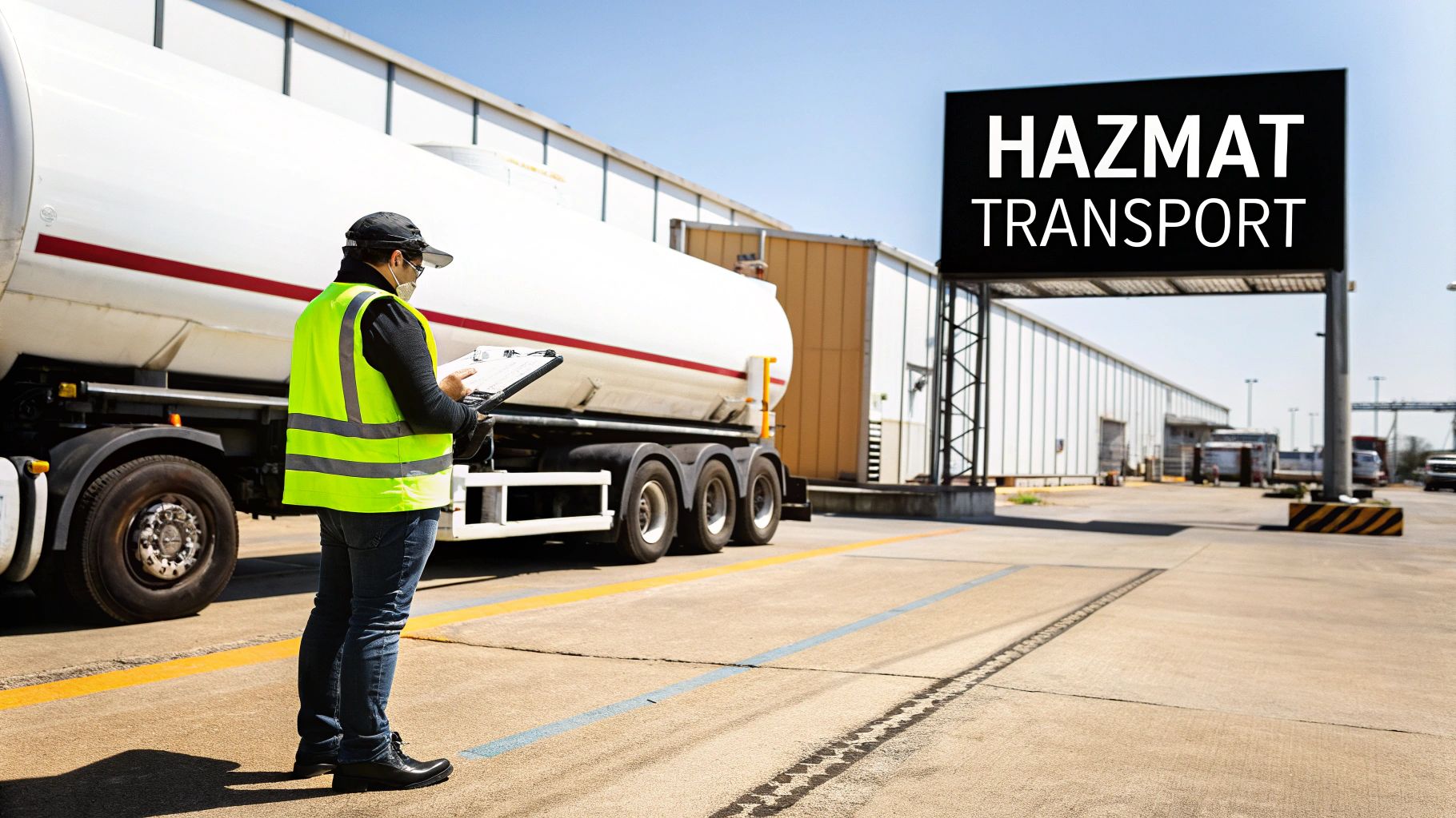 A worker in a safety vest and mask checks a clipboard next to a tanker truck under a 'HAZMAT TRANSPORT' sign.