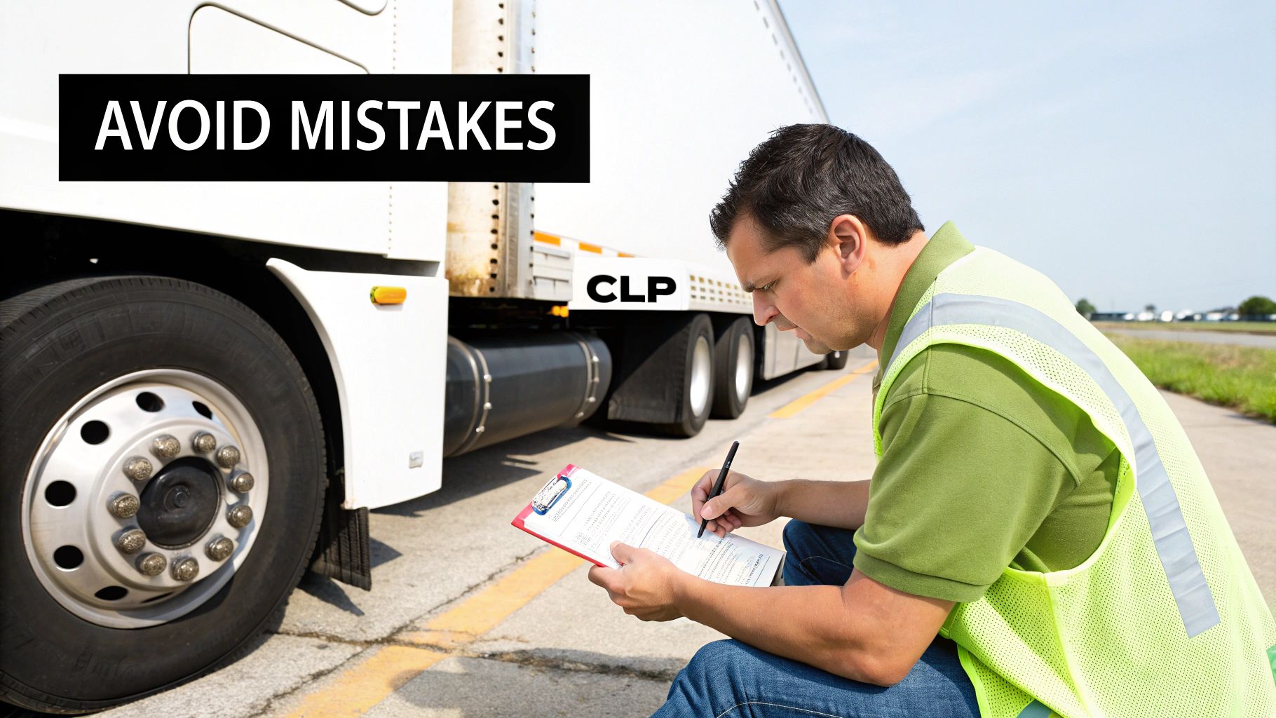 CDL inspector in safety vest reviewing checklist beside white commercial truck to avoid mistakes