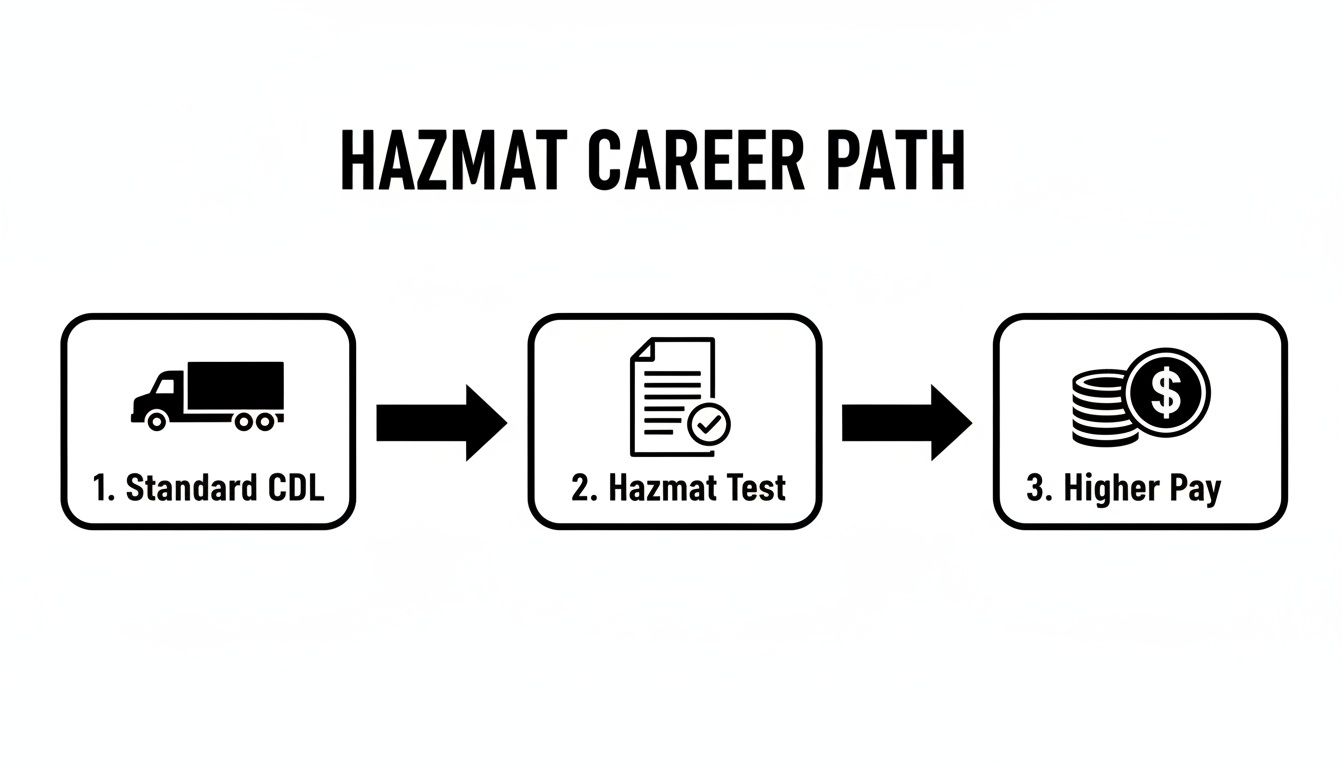 A flowchart showing the HAZMAT career path: Standard CDL, passing the Hazmat Test, leading to Higher Pay.