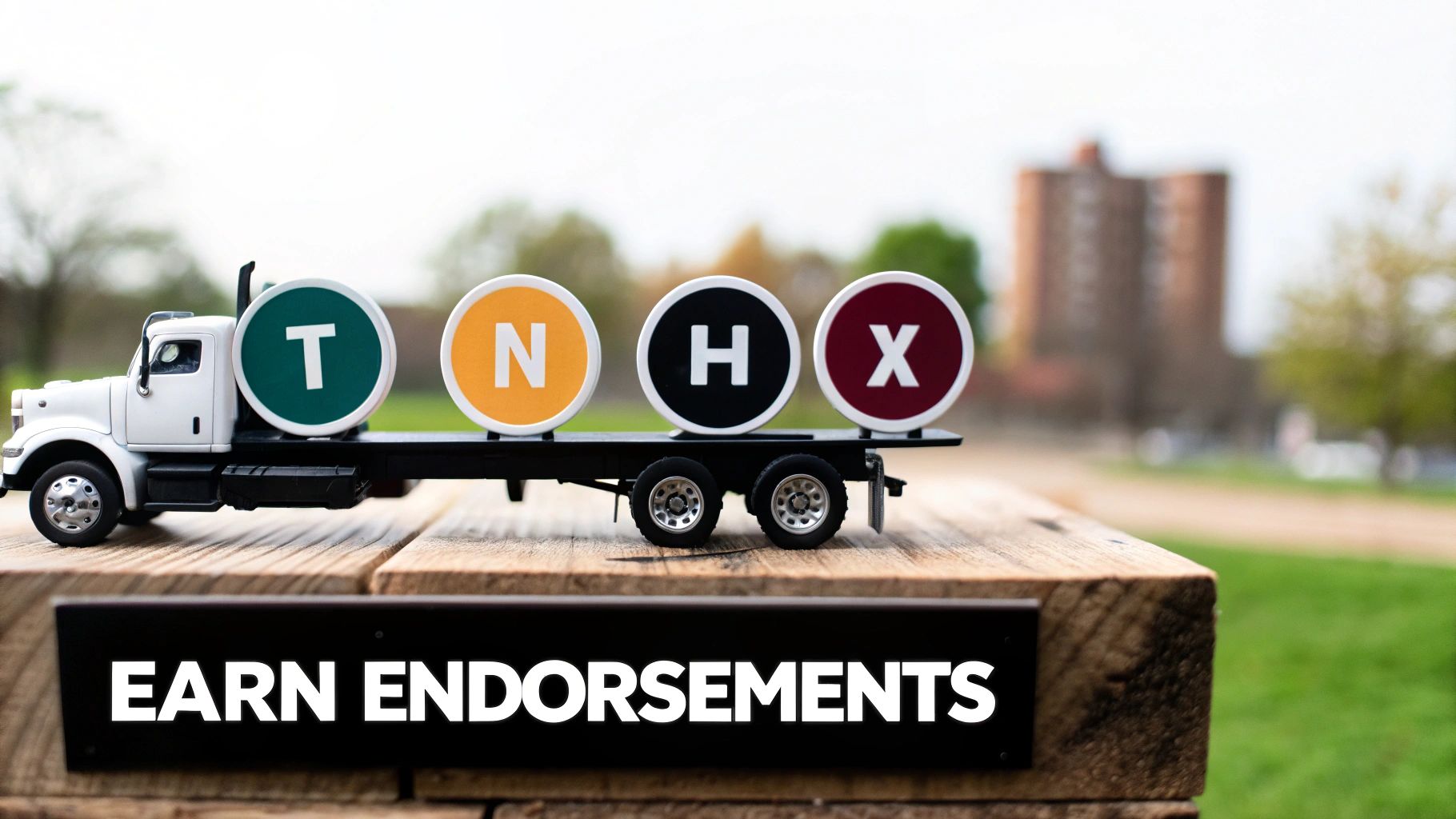 A toy truck carrying circular signs with T, N, H, X letters and 'EARN ENDORSEMENTS' text.