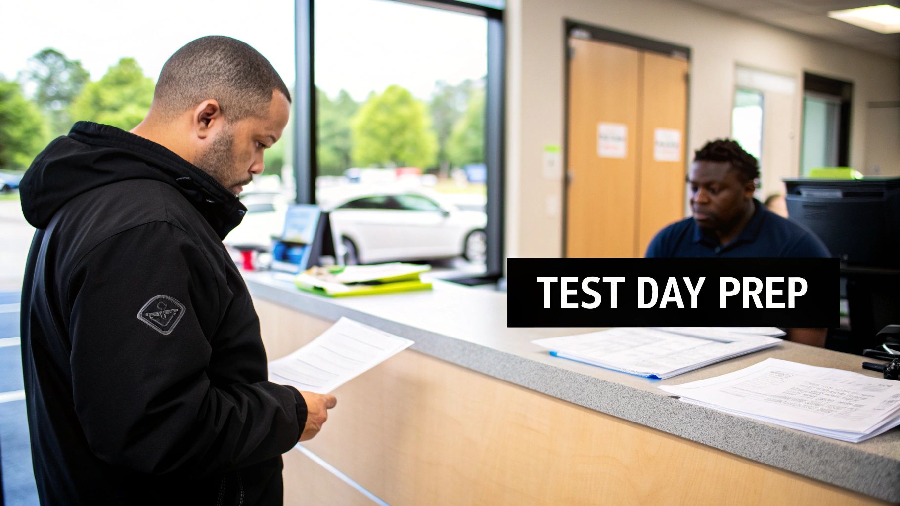 A person at a DMV counter getting ready for their CDL permit test.