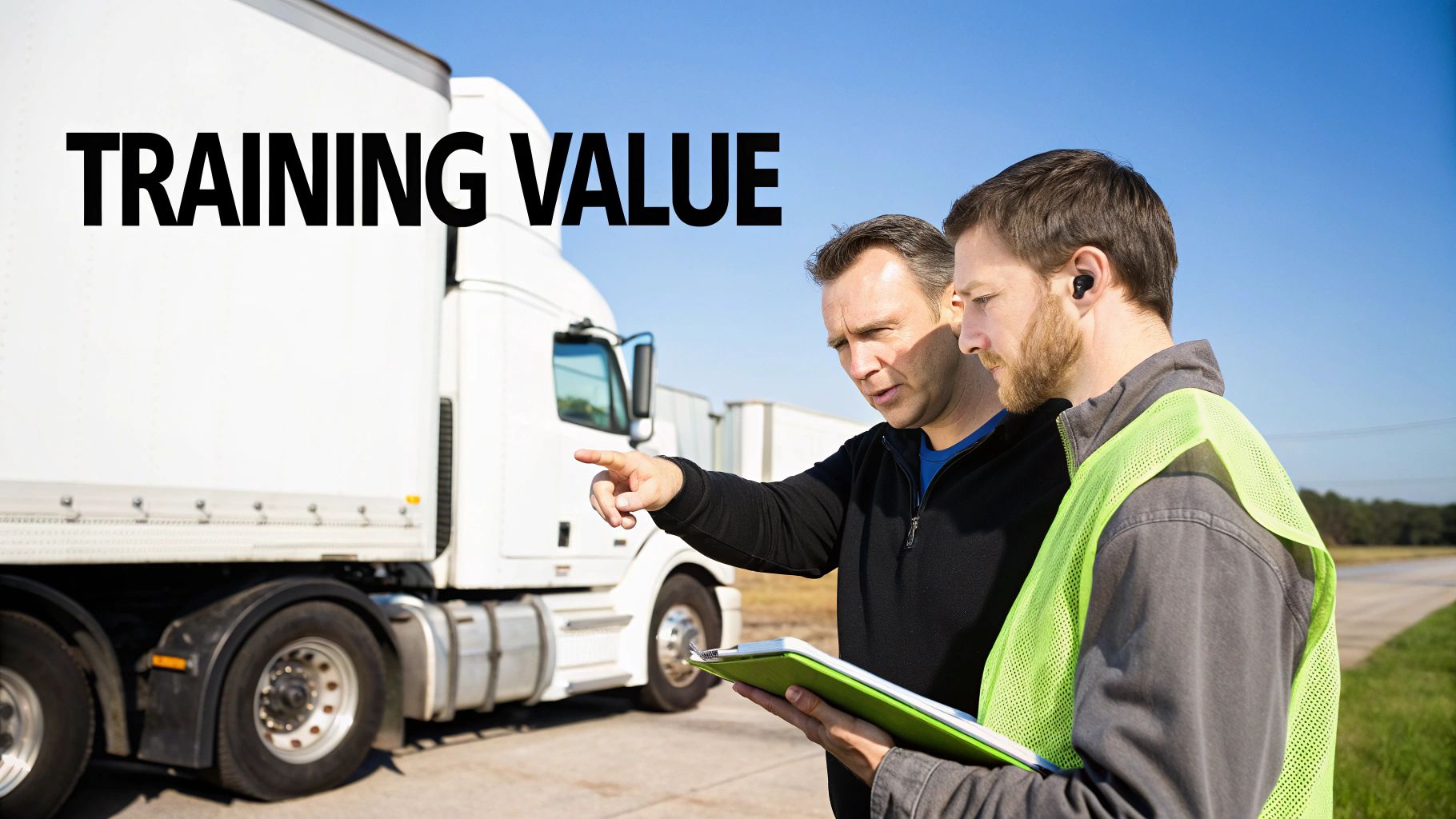 Two men discuss training in front of a white semi-truck, one pointing, the other holding a tablet.