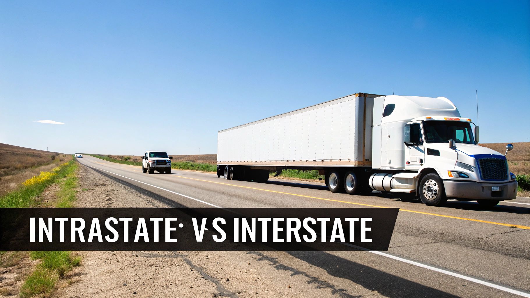 A large white semi-truck and other vehicles drive on a sunny highway, with text 'INTRASTATE VS INTERSTATE'.