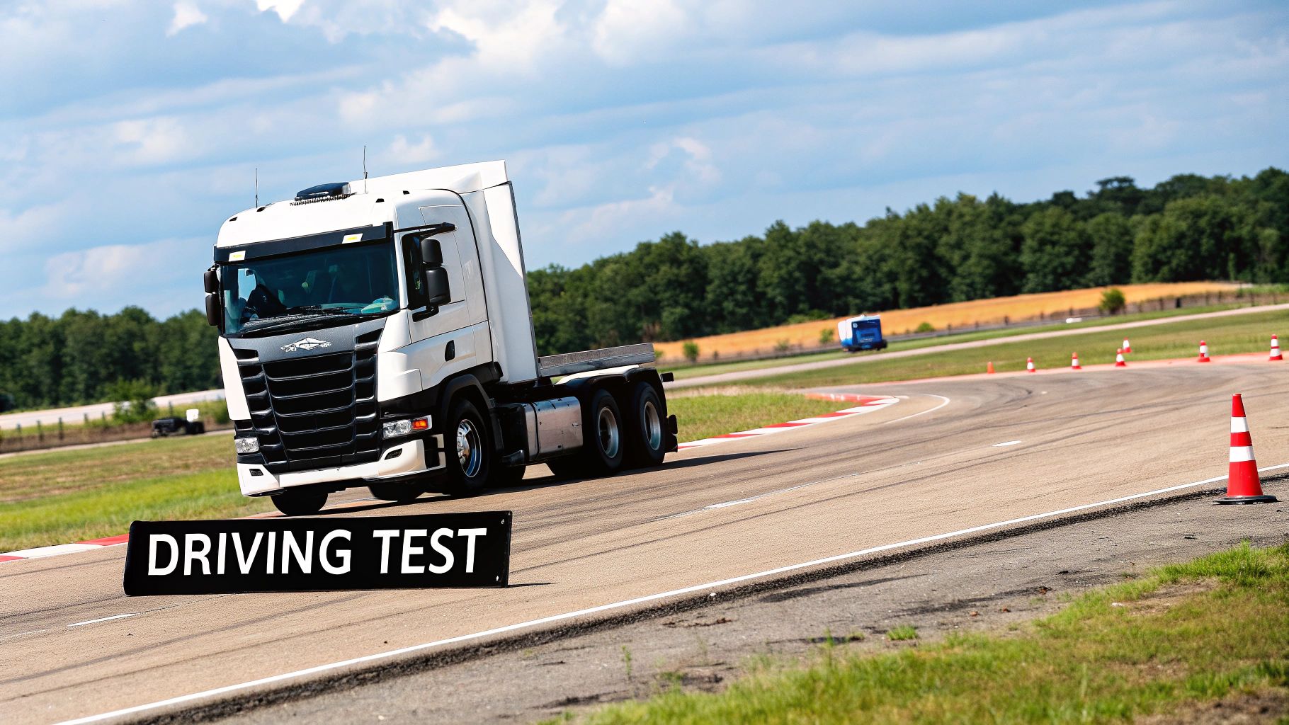 A truck driver instructor is in the cab of a semi-truck, teaching a student how to operate the vehicle.