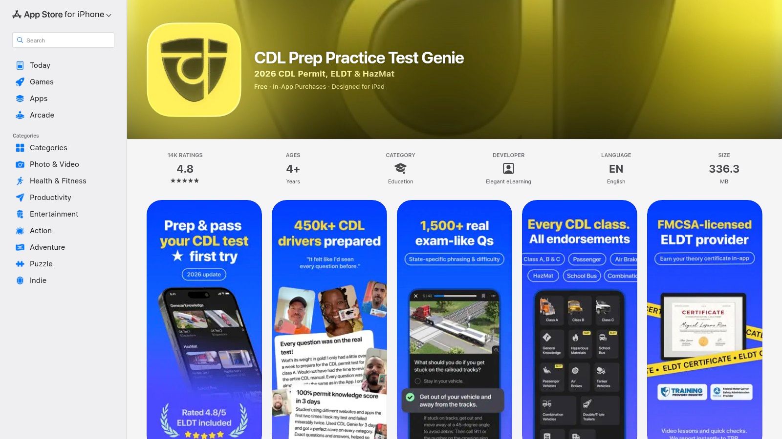 Apple App Store – CDL Prep Practice Test Genie (by Elegant eLearning)