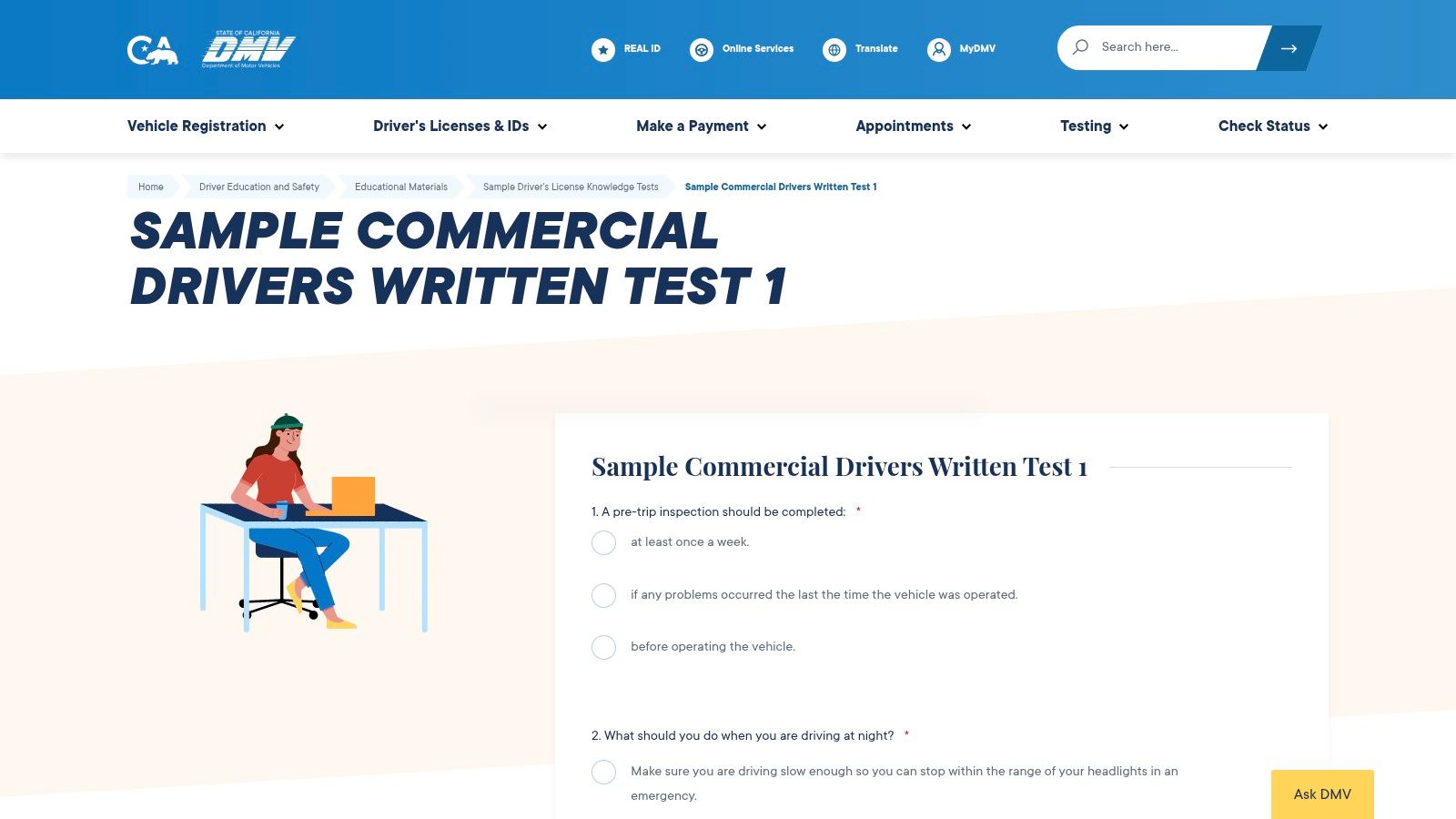 Official State DMV Sample CDL Tests (example: California DMV)