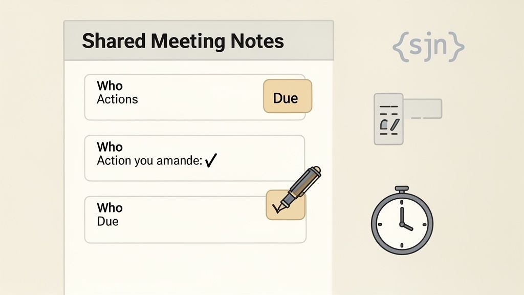 Shared meeting notes document with action items, due dates, and a pen writing on it, alongside meeting icons.