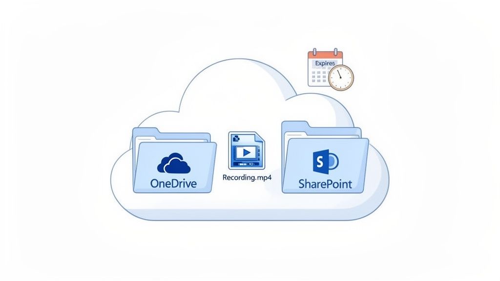 A cloud icon containing OneDrive and SharePoint folders, a video file, and an expiration calendar.
