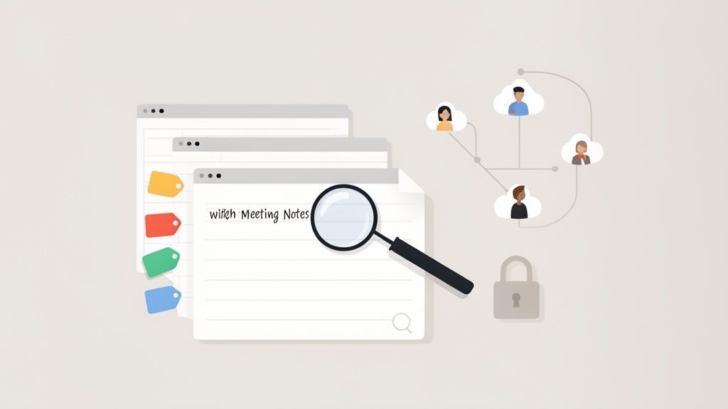Digital illustration showing meeting notes documents, search functionality, colorful tags, a collaborative network of people, and a security padlock.
