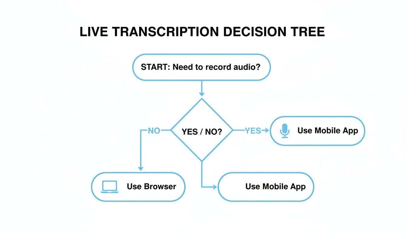 Flowchart illustrating live transcription choices: use mobile app for recording audio, or a browser otherwise.