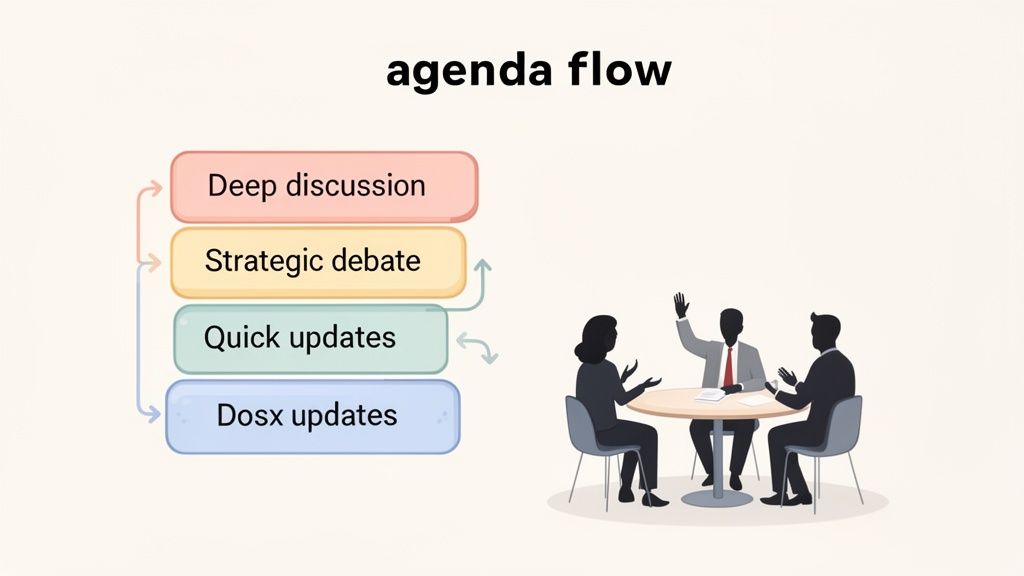 An agenda flow chart depicting deep discussion, strategic debate, quick updates, and Dosx updates, with three people in a meeting.
