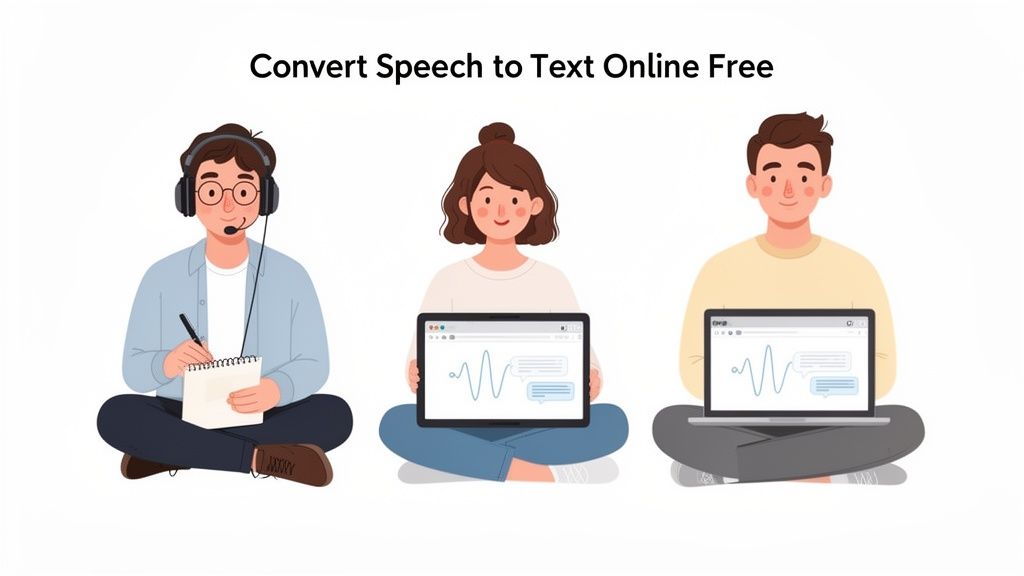Three cartoon people convert speech to text using a headset, tablet, and laptop for free online.