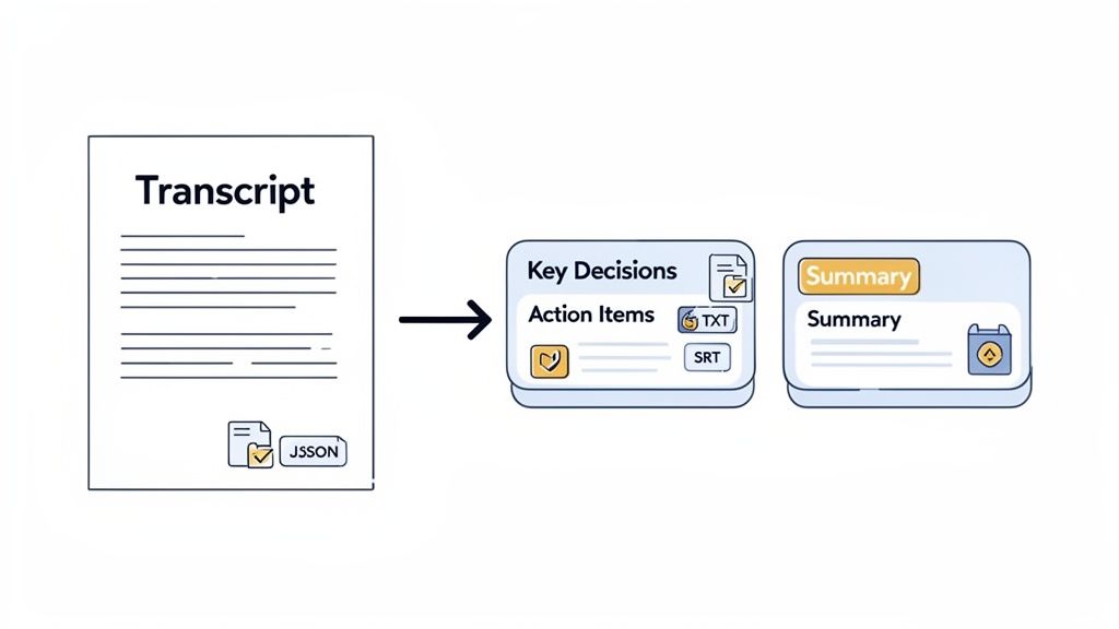 An illustration depicting a transcript document being processed into key decisions, action items, and a concise summary.