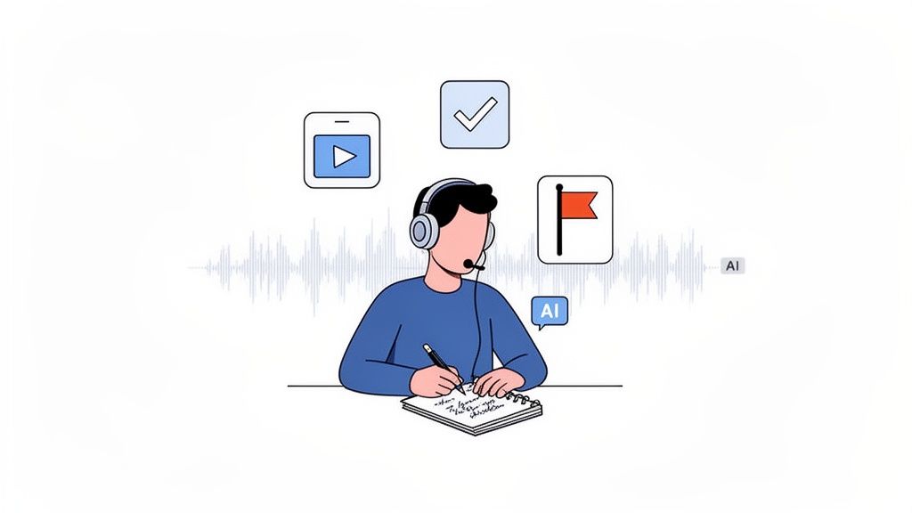 An illustration of a person taking notes with a headset, surrounded by AI, video, and task icons.