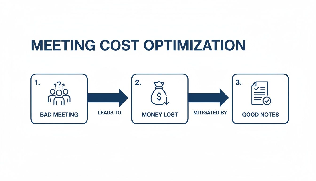 Flowchart showing bad meetings lead to money lost, mitigated by good notes for meeting cost optimization.