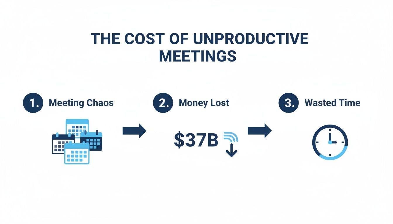 Infographic illustrating the cost of unproductive meetings, showing meeting chaos leading to $37 billion lost and wasted time.