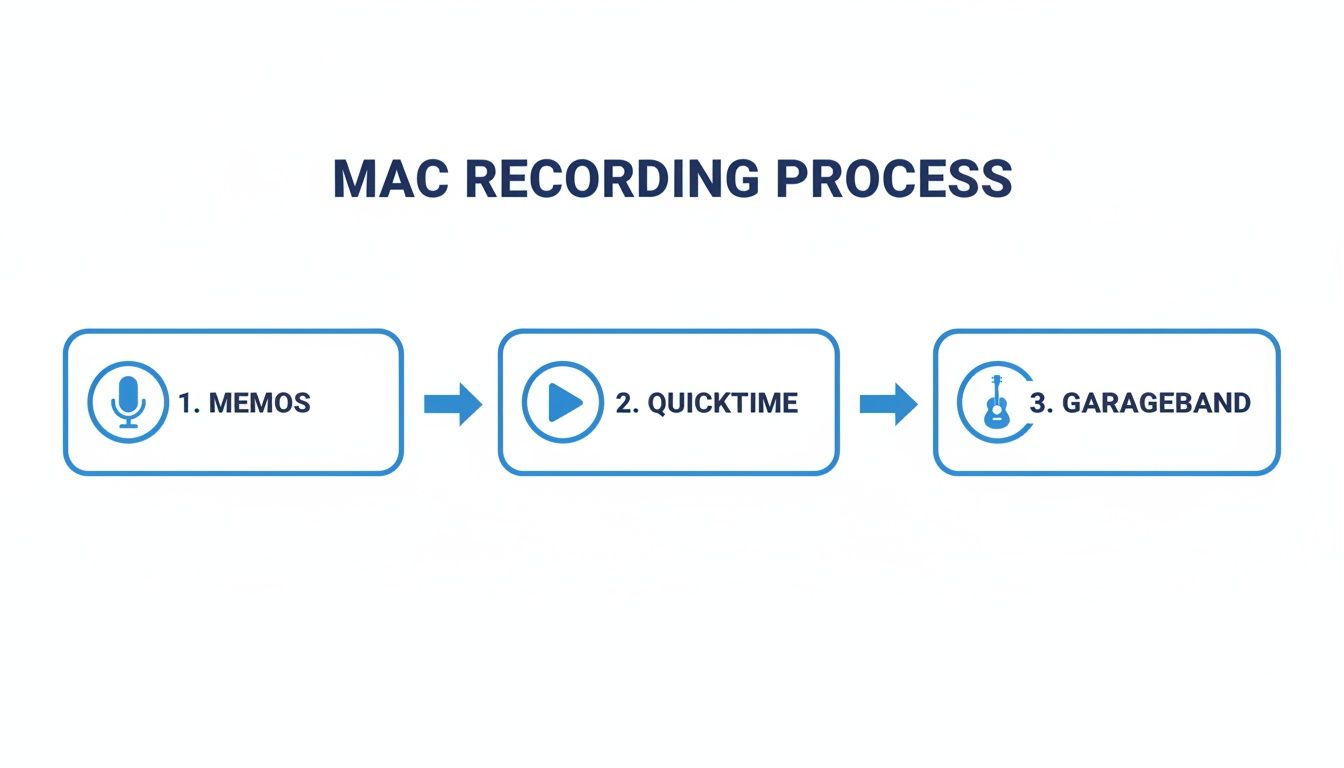 A flowchart showing the Mac audio recording process steps: Memos, QuickTime, and GarageBand.
