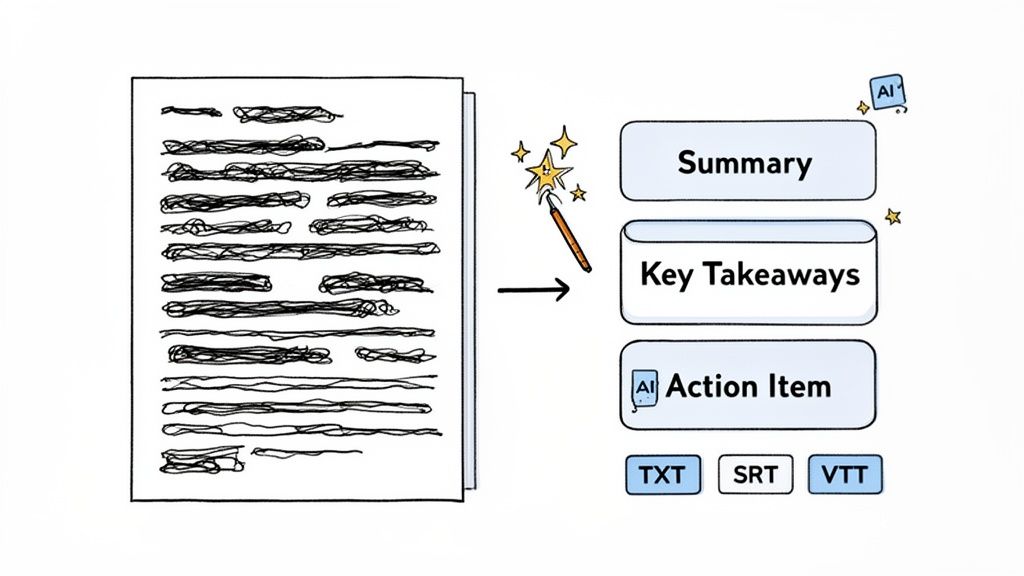 A magic wand transforms a cluttered document into AI-generated summaries, key takeaways, and action items, with output file types.
