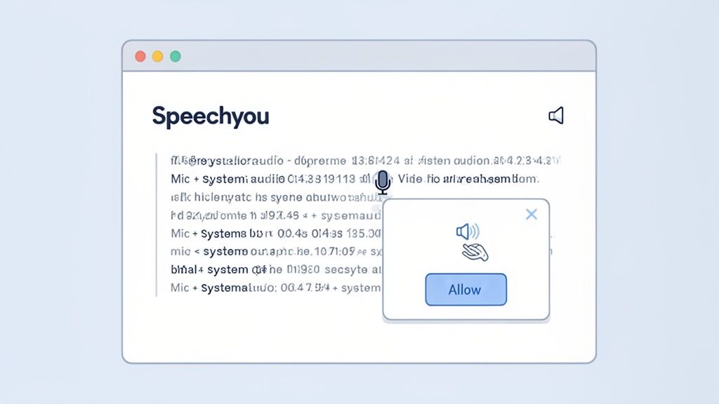 A web browser window displaying 'Speechyou' with a pop-up requesting permission to access audio, featuring an 'Allow' button.