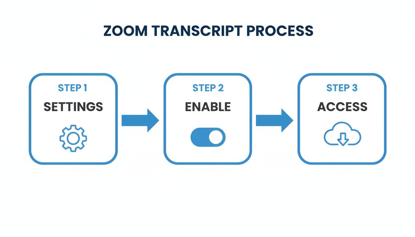A three-step flowchart illustrating the Zoom transcript process with icons for settings, enable, and access.