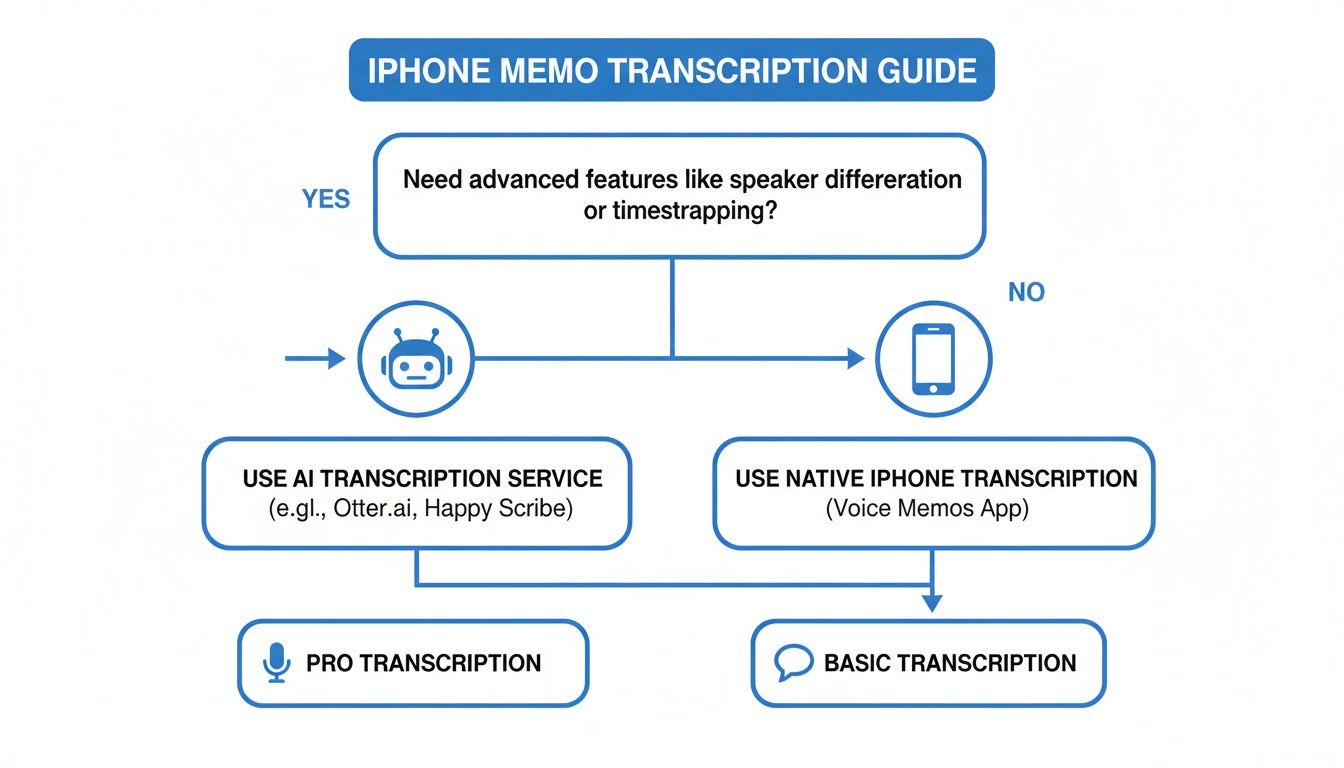 Flowchart guiding users on how to transcribe iPhone voice memos using AI or native app.