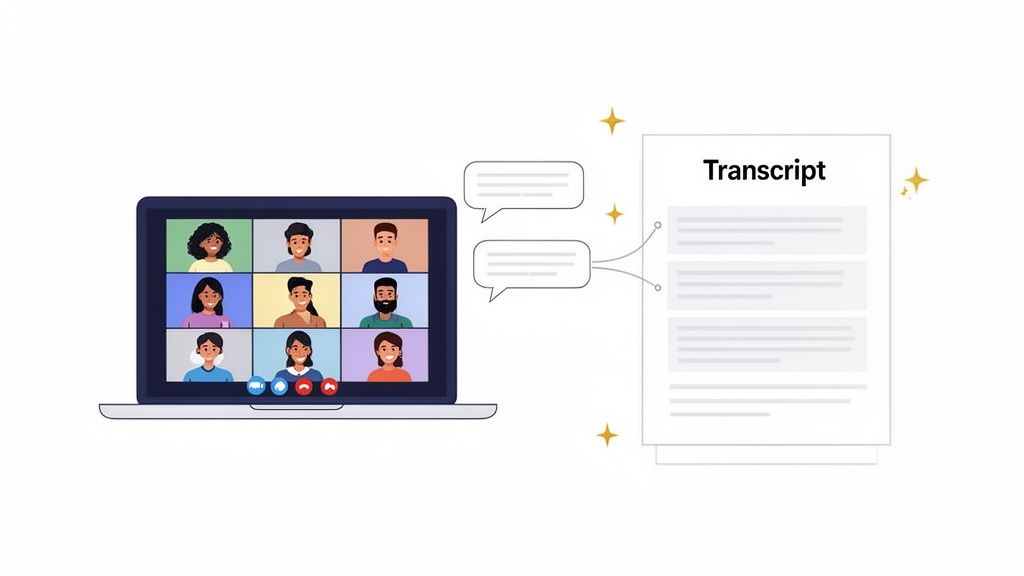 A laptop displays a video conference with nine people, connected to a generated meeting transcript document.