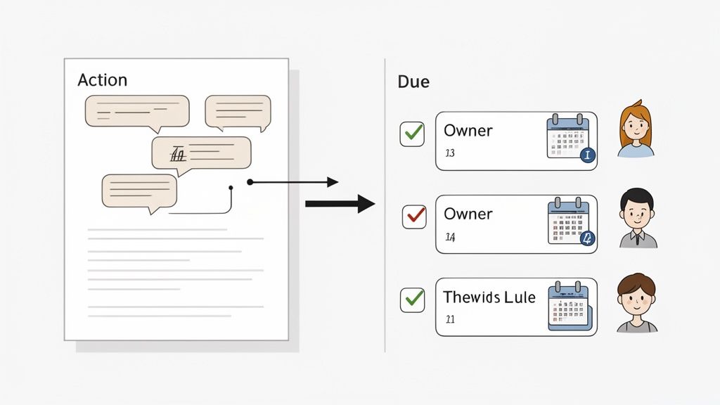 Diagram showing actions from a document being converted into trackable due tasks with owners.