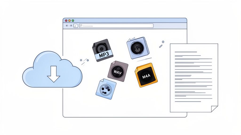 Illustration of cloud download, web browser, audio file formats (MP3, WAV, M4A), and a text document.