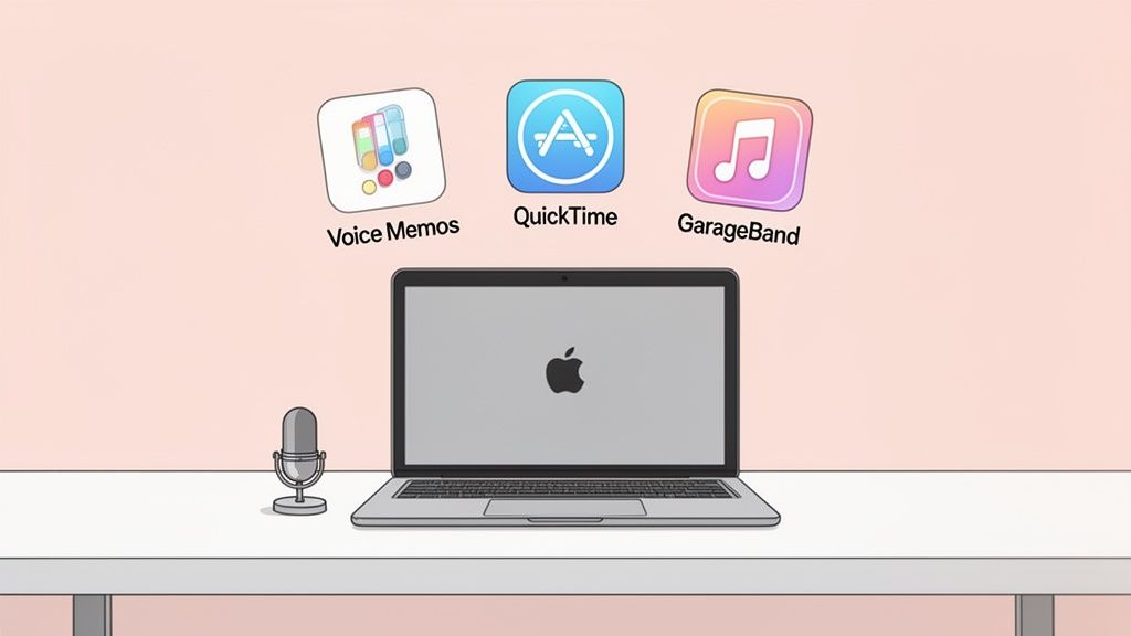 MacBook laptop with a microphone and icons for Voice Memos, QuickTime, and GarageBand on a desk.