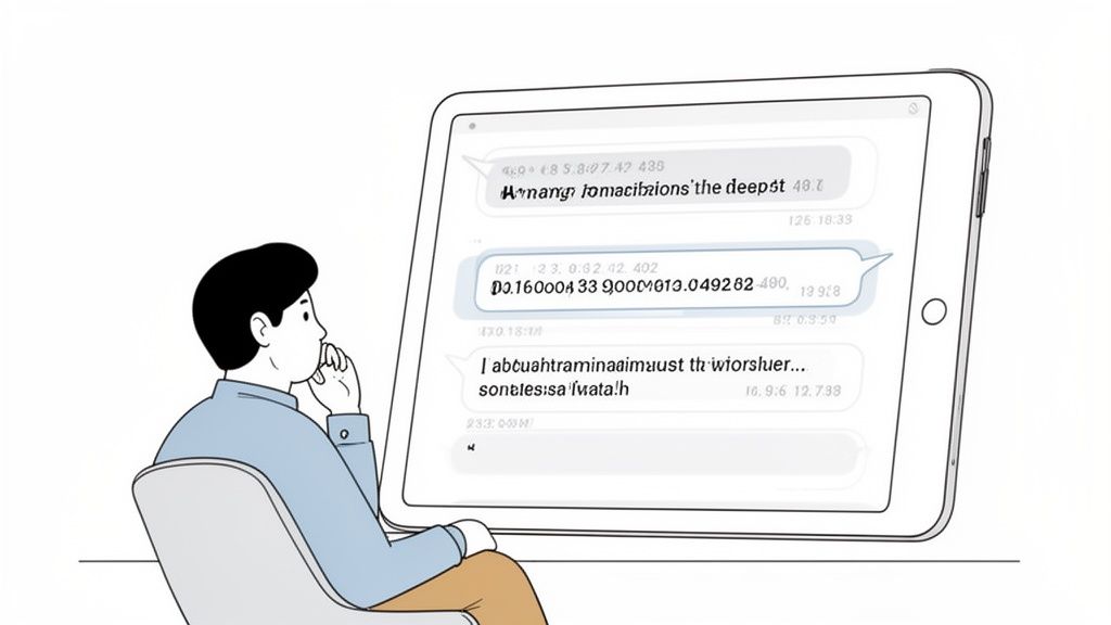 A man sits in a chair, thoughtfully looking at a large tablet displaying a chat interface.