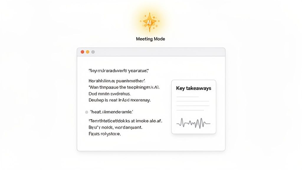 An AI-powered meeting mode interface displaying a document with key takeaways and a waveform.