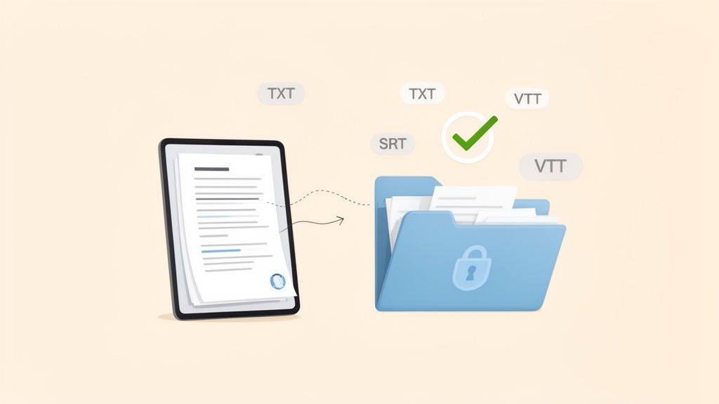 A tablet document converts into various text file formats (TXT, SRT, VTT) and stores in a secure folder.