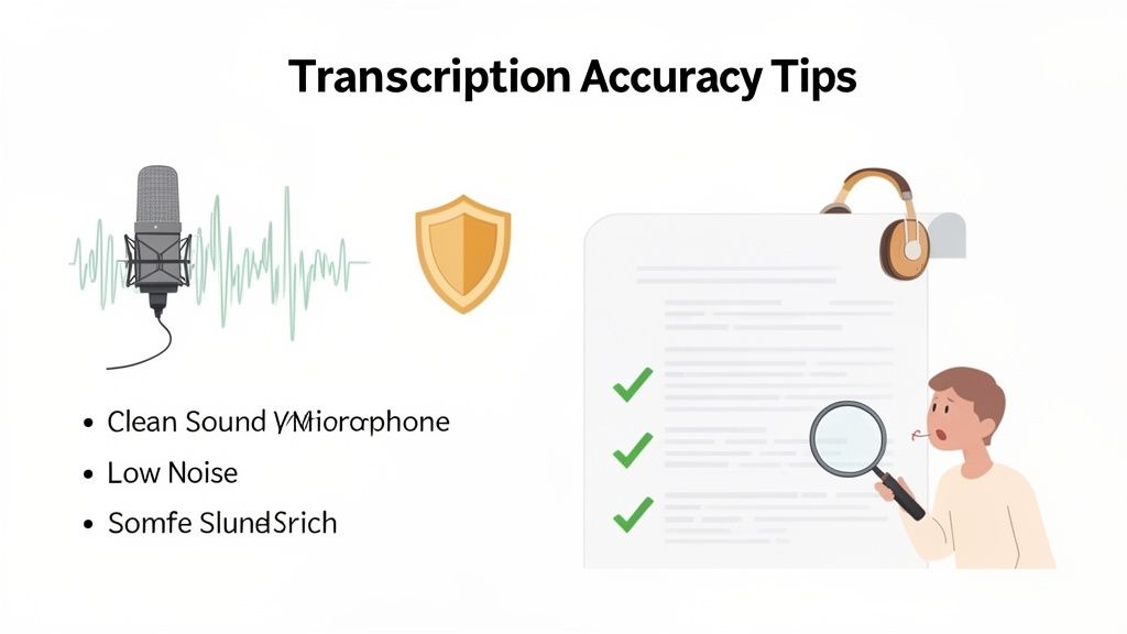 Image showing transcription accuracy tips with a microphone, sound waves, and a person proofreading a document.