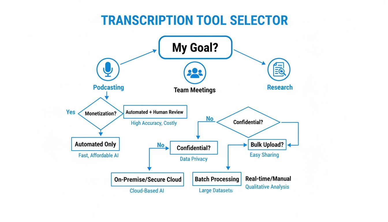 A flowchart for selecting a transcription tool based on goals like podcasting, team meetings, or research.