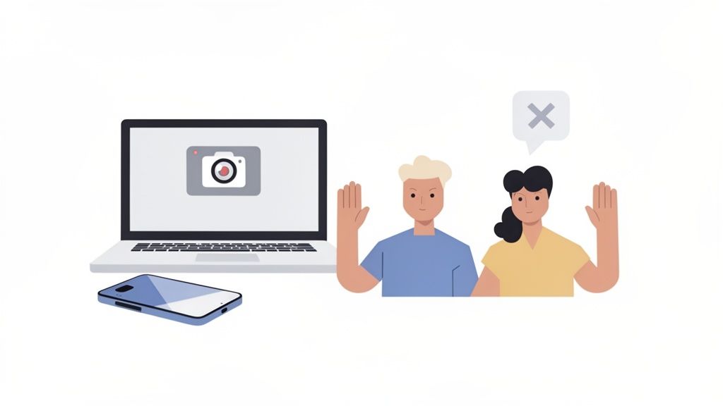 Two people raise hands with an 'X' next to a laptop showing a camera, symbolizing no recording or privacy.