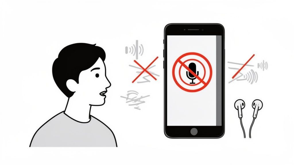 Illustration showing a person talking while a smartphone's microphone is disabled, with crossed-out sound waves.