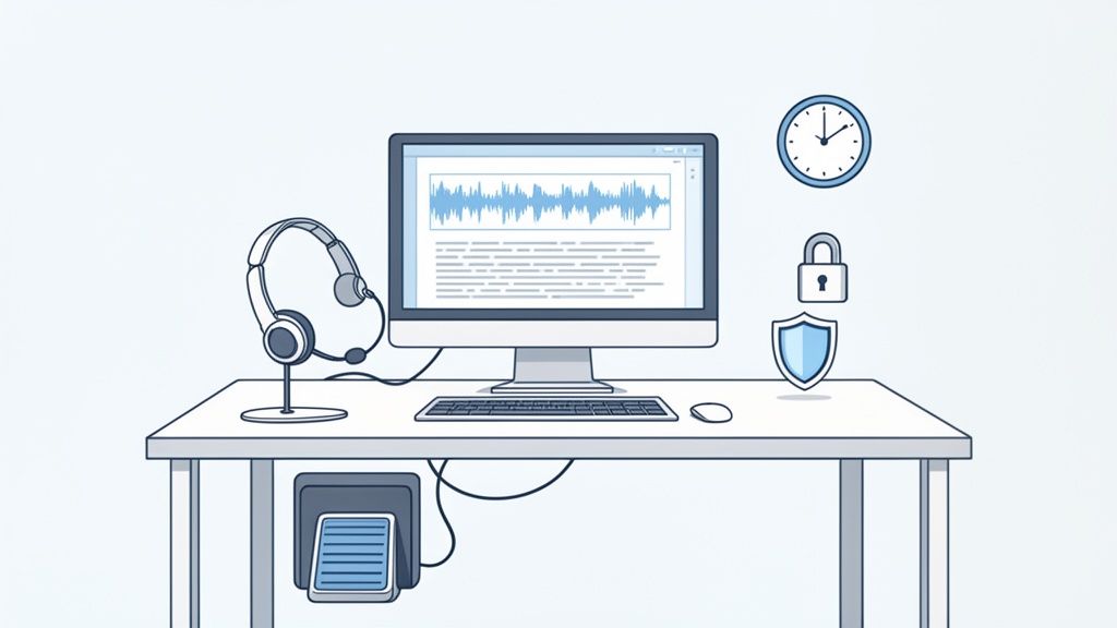 A transcriptionist's desk setup with computer displaying audio, headphones, keyboard, mouse, and a foot pedal, alongside security and time icons.