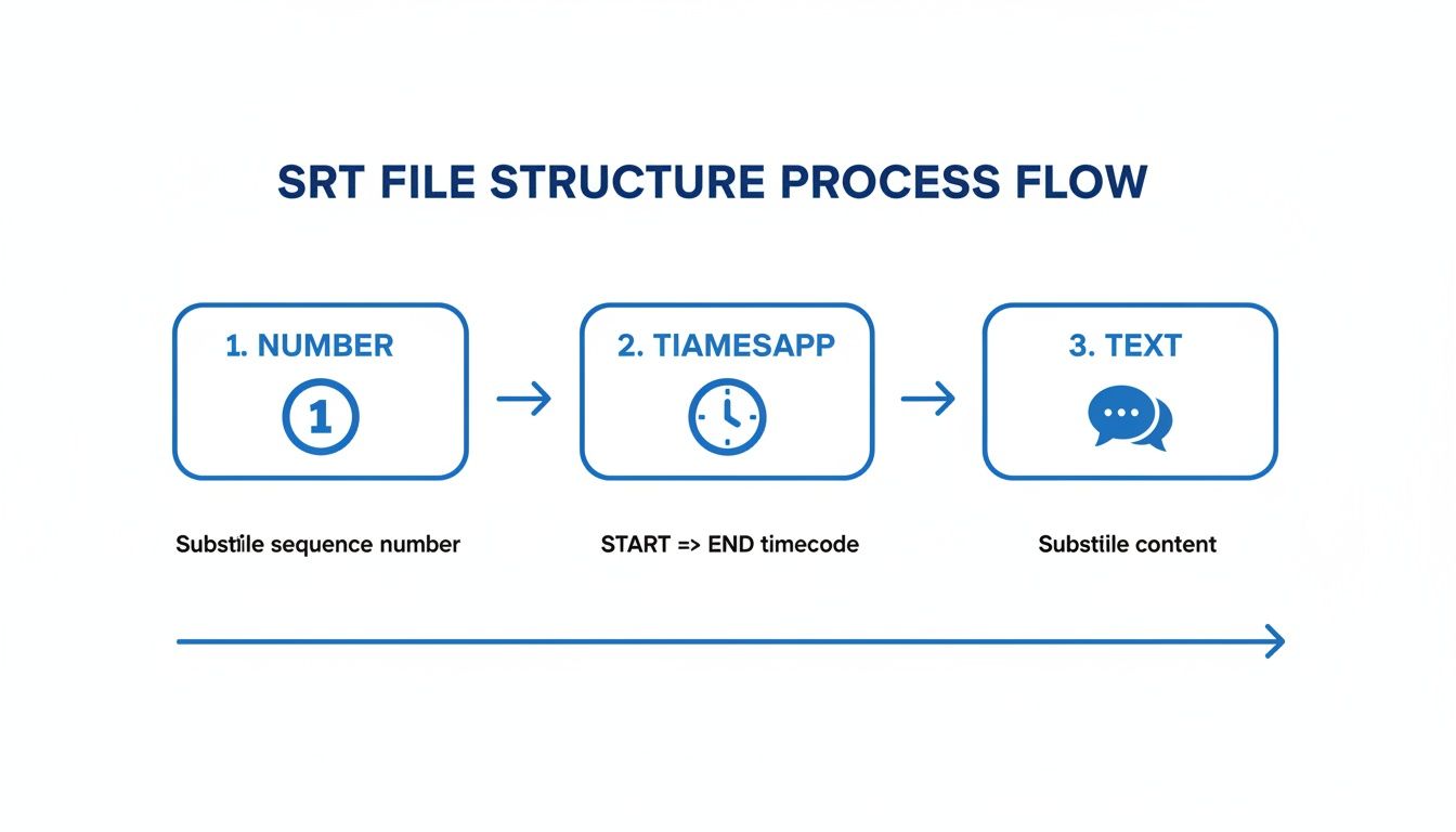 Process flow diagram illustrating the three main components of an SRT subtitle file: sequence number, timecode, and content.