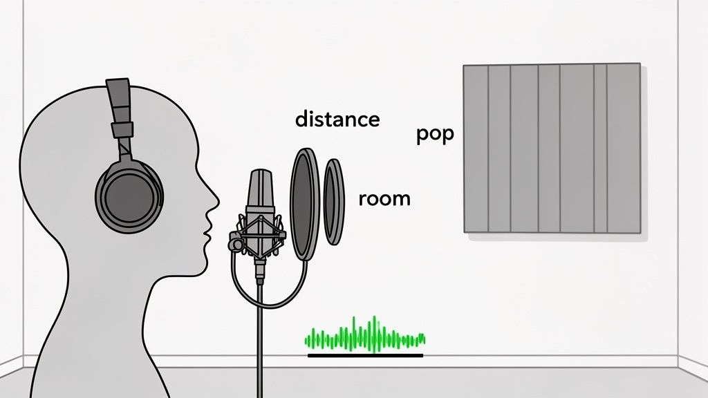 A person records audio into a microphone, illustrating factors for good sound quality.