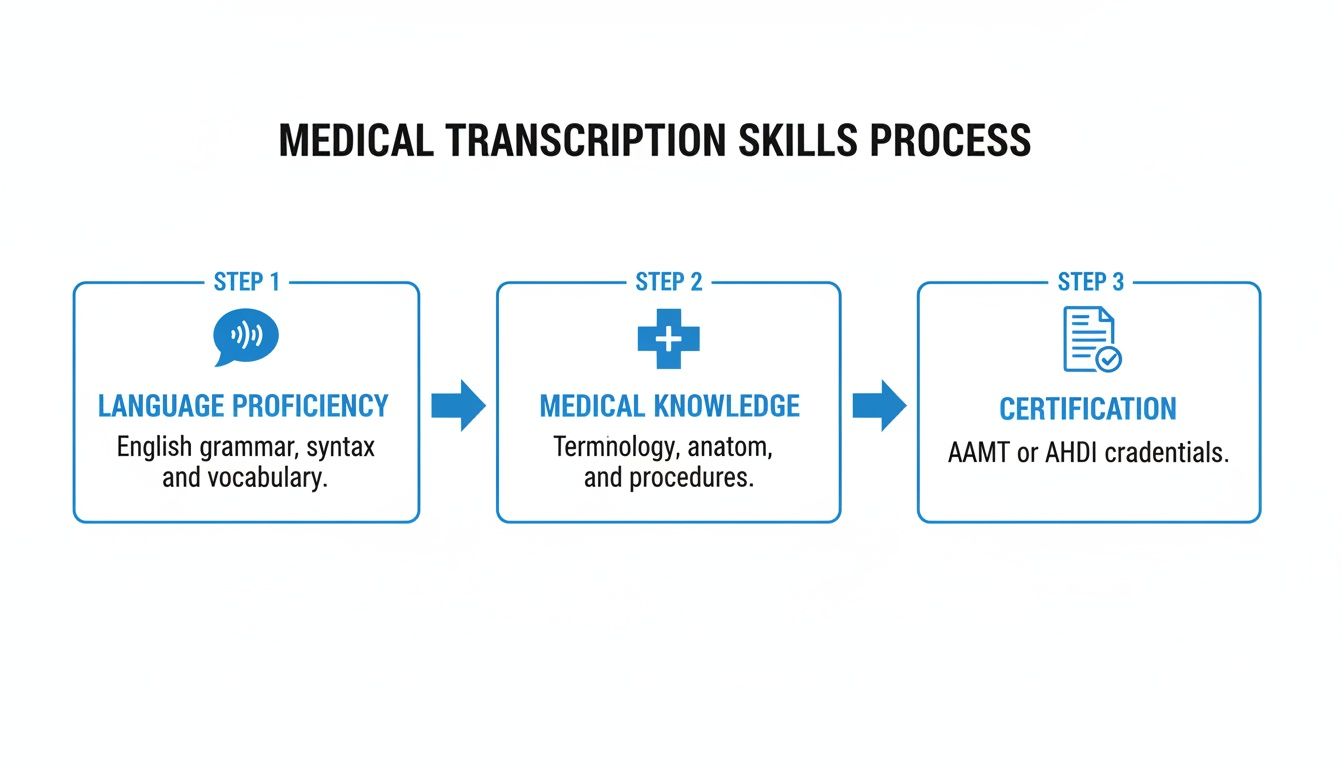 Flowchart illustrating the three-step medical transcription skills process: Language Proficiency, Medical Knowledge, and Certification.