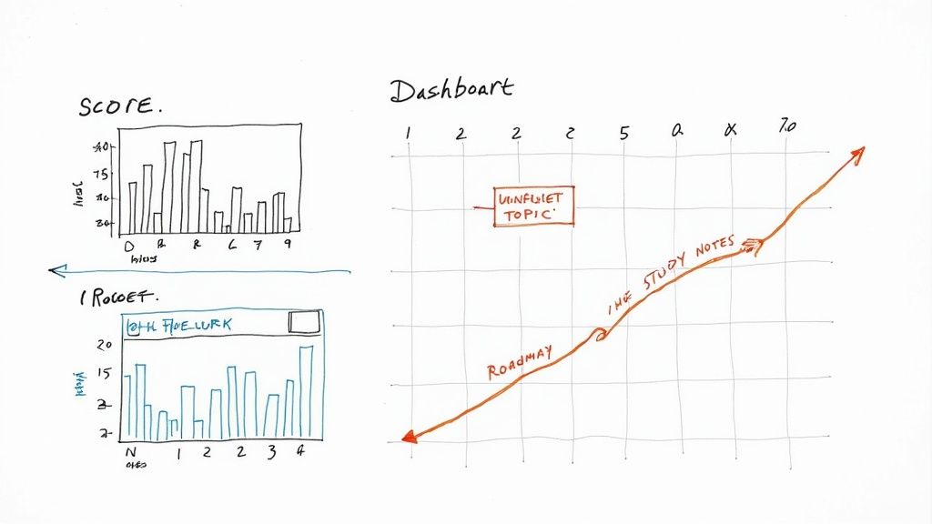 A student looking at a laptop screen with a chart and graph, analyzing test results.